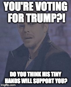 WTF Derek Hough | YOU'RE VOTING FOR TRUMP?! DO YOU THINK HIS TINY HANDS WILL SUPPORT YOU? | image tagged in wtf derek hough | made w/ Imgflip meme maker