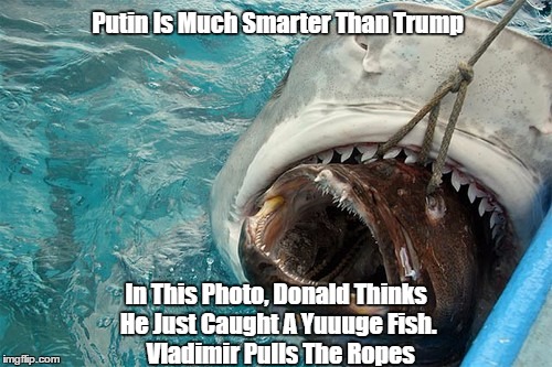 Putin Is Much Smarter Than Trump In This Photo, Donald Thinks He Just Caught A Yuuuge Fish.   Vladimir Pulls The Ropes | made w/ Imgflip meme maker