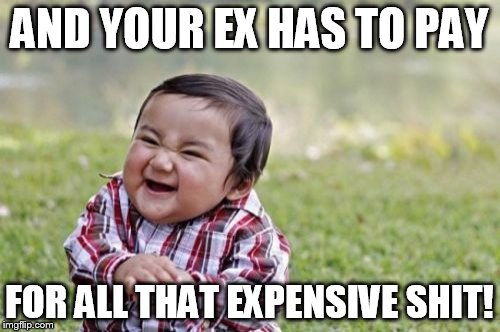 Evil Toddler Meme | AND YOUR EX HAS TO PAY FOR ALL THAT EXPENSIVE SHIT! | image tagged in memes,evil toddler | made w/ Imgflip meme maker