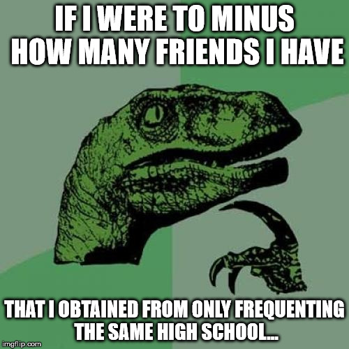 Philosoraptor Meme | IF I WERE TO MINUS HOW MANY FRIENDS I HAVE; THAT I OBTAINED FROM ONLY FREQUENTING THE SAME HIGH SCHOOL... | image tagged in memes,philosoraptor | made w/ Imgflip meme maker