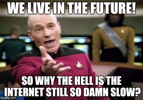 Picard Wtf | WE LIVE IN THE FUTURE! SO WHY THE HELL IS THE INTERNET STILL SO DAMN SLOW? | image tagged in memes,picard wtf | made w/ Imgflip meme maker
