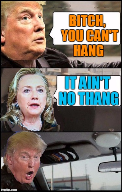 B**CH,  YOU CAN'T HANG IT AIN'T NO THANG | image tagged in donald cab driving | made w/ Imgflip meme maker