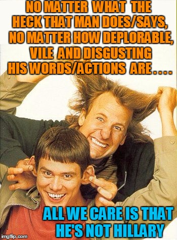 DUMB and dumber | NO MATTER  WHAT  THE HECK THAT MAN DOES/SAYS,  NO MATTER HOW DEPLORABLE,  VILE  AND DISGUSTING HIS WORDS/ACTIONS  ARE . . . . ALL WE CARE IS | image tagged in dumb and dumber | made w/ Imgflip meme maker