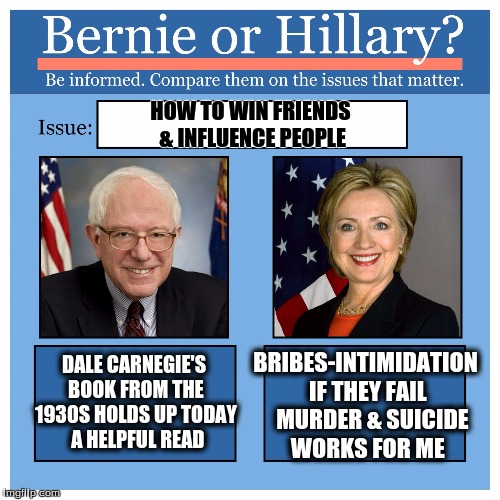 Bernie or Hillary? | HOW TO WIN FRIENDS & INFLUENCE PEOPLE; DALE CARNEGIE'S BOOK FROM THE 1930S HOLDS UP TODAY  A HELPFUL READ; BRIBES-INTIMIDATION IF THEY FAIL   MURDER & SUICIDE WORKS FOR ME | image tagged in bernie or hillary | made w/ Imgflip meme maker