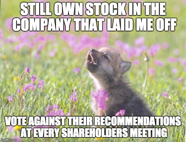 Baby Insanity Wolf Meme | STILL OWN STOCK IN THE COMPANY THAT LAID ME OFF; VOTE AGAINST THEIR RECOMMENDATIONS AT EVERY SHAREHOLDERS MEETING | image tagged in memes,baby insanity wolf,AdviceAnimals | made w/ Imgflip meme maker