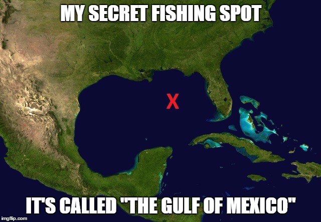 Secret Fishing Hole | MY SECRET FISHING SPOT; IT'S CALLED "THE GULF OF MEXICO" | image tagged in memes,fishing | made w/ Imgflip meme maker