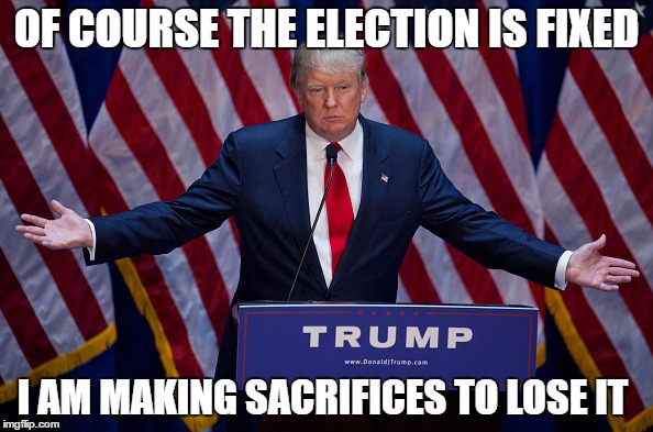 Donald Trump | OF COURSE THE ELECTION IS FIXED; I AM MAKING SACRIFICES TO LOSE IT | image tagged in donald trump | made w/ Imgflip meme maker