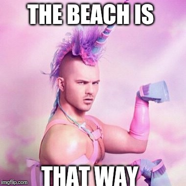 Unicorn MAN Meme | THE BEACH IS; THAT WAY | image tagged in memes,unicorn man | made w/ Imgflip meme maker