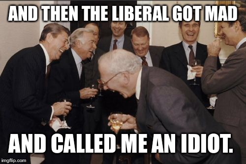 Laughing Men In Suits Meme | AND THEN THE LIBERAL GOT MAD AND CALLED ME AN IDIOT. | image tagged in memes,laughing men in suits | made w/ Imgflip meme maker