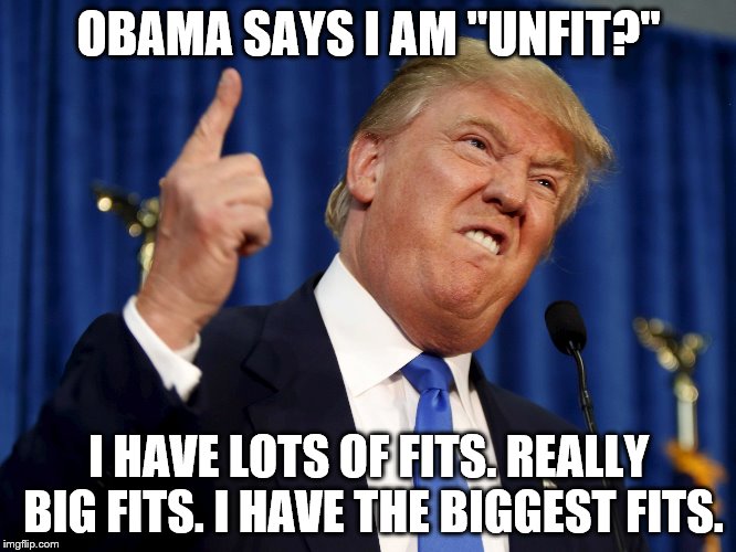 Donald Trump mad | OBAMA SAYS I AM "UNFIT?"; I HAVE LOTS OF FITS. REALLY BIG FITS. I HAVE THE BIGGEST FITS. | image tagged in donald trump mad | made w/ Imgflip meme maker