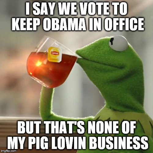 But That's None Of My Business Meme | I SAY WE VOTE TO KEEP OBAMA IN OFFICE; BUT THAT'S NONE OF MY PIG LOVIN BUSINESS | image tagged in memes,but thats none of my business,kermit the frog | made w/ Imgflip meme maker