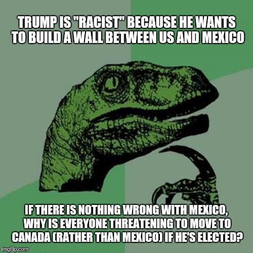 Philosoraptor Meme | TRUMP IS "RACIST" BECAUSE HE WANTS TO BUILD A WALL BETWEEN US AND MEXICO; IF THERE IS NOTHING WRONG WITH MEXICO, WHY IS EVERYONE THREATENING TO MOVE TO CANADA (RATHER THAN MEXICO) IF HE'S ELECTED? | image tagged in memes,philosoraptor | made w/ Imgflip meme maker