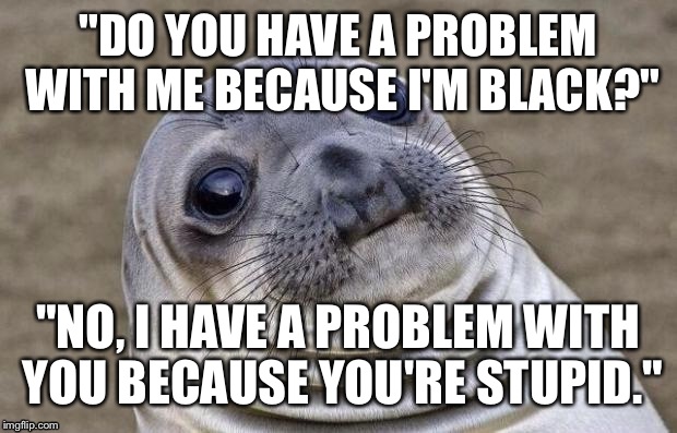 Awkward moment as you watch this train wreck between two co-workers. | "DO YOU HAVE A PROBLEM WITH ME BECAUSE I'M BLACK?"; "NO, I HAVE A PROBLEM WITH YOU BECAUSE YOU'RE STUPID." | image tagged in memes,awkward moment sealion | made w/ Imgflip meme maker