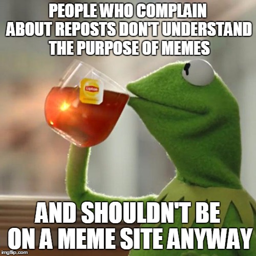 But That's None Of My Business Meme | PEOPLE WHO COMPLAIN ABOUT REPOSTS DON'T UNDERSTAND THE PURPOSE OF MEMES AND SHOULDN'T BE ON A MEME SITE ANYWAY | image tagged in memes,but thats none of my business,kermit the frog | made w/ Imgflip meme maker