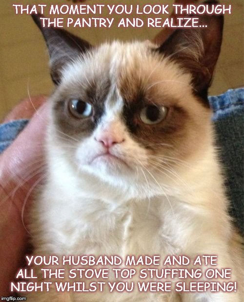 Grumpy Cat Meme | THAT MOMENT YOU LOOK THROUGH THE PANTRY AND REALIZE... YOUR HUSBAND MADE AND ATE ALL THE STOVE TOP STUFFING ONE NIGHT WHILST YOU WERE SLEEPING! | image tagged in memes,grumpy cat | made w/ Imgflip meme maker