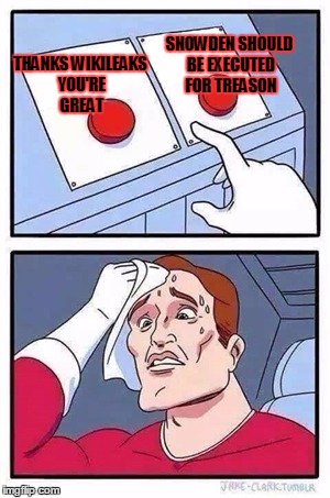 Two Buttons Meme | SNOWDEN SHOULD BE EXECUTED FOR TREASON; THANKS WIKILEAKS YOU'RE GREAT | image tagged in two buttons,EnoughTrumpSpam | made w/ Imgflip meme maker