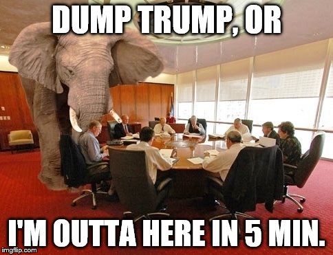 Room elephant | DUMP TRUMP, OR; I'M OUTTA HERE IN 5 MIN. | image tagged in room elephant | made w/ Imgflip meme maker