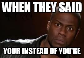 Kevin Hart Meme | WHEN THEY SAID; YOUR INSTEAD OF YOU'RE | image tagged in memes,kevin hart the hell | made w/ Imgflip meme maker
