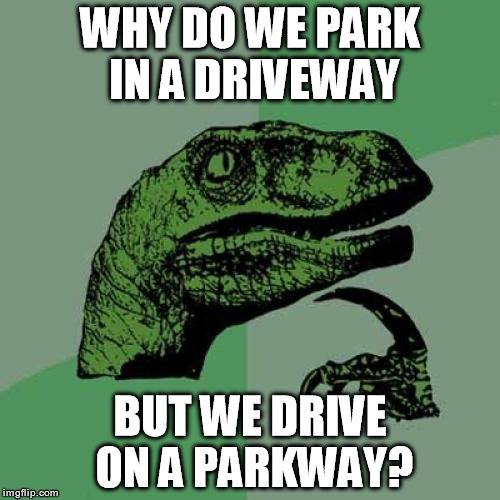 Philosoraptor | WHY DO WE PARK IN A DRIVEWAY; BUT WE DRIVE ON A PARKWAY? | image tagged in memes,philosoraptor,driveway,parkway | made w/ Imgflip meme maker