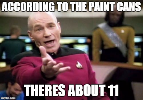 Picard Wtf Meme | ACCORDING TO THE PAINT CANS THERES ABOUT 11 | image tagged in memes,picard wtf | made w/ Imgflip meme maker