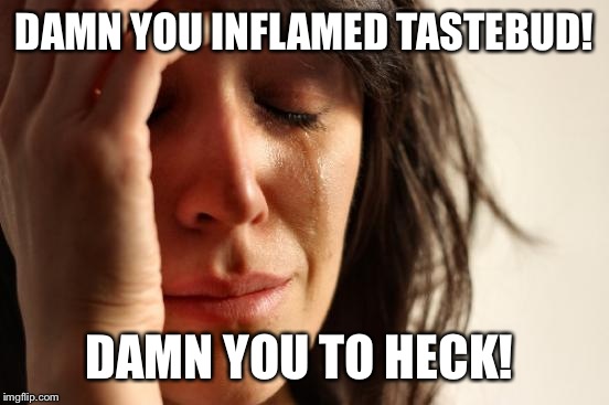 First World Problems | DAMN YOU INFLAMED TASTEBUD! DAMN YOU TO HECK! | image tagged in memes,first world problems | made w/ Imgflip meme maker
