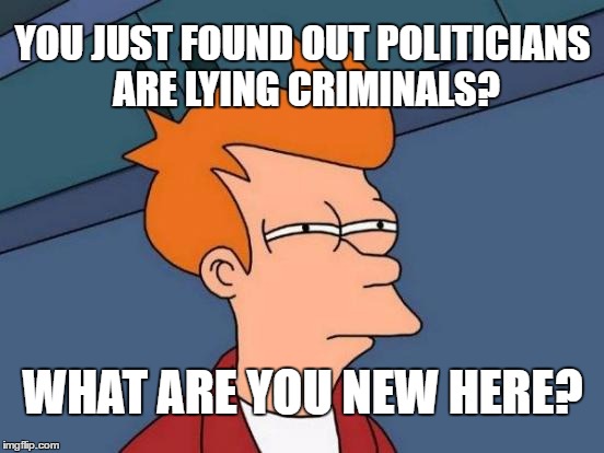 Futurama Fry | YOU JUST FOUND OUT POLITICIANS ARE LYING CRIMINALS? WHAT ARE YOU NEW HERE? | image tagged in memes,futurama fry | made w/ Imgflip meme maker