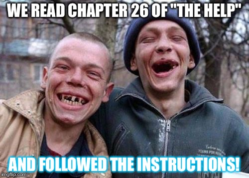 ugly twins | WE READ CHAPTER 26 OF "THE HELP"; AND FOLLOWED THE INSTRUCTIONS! | image tagged in ugly twins | made w/ Imgflip meme maker