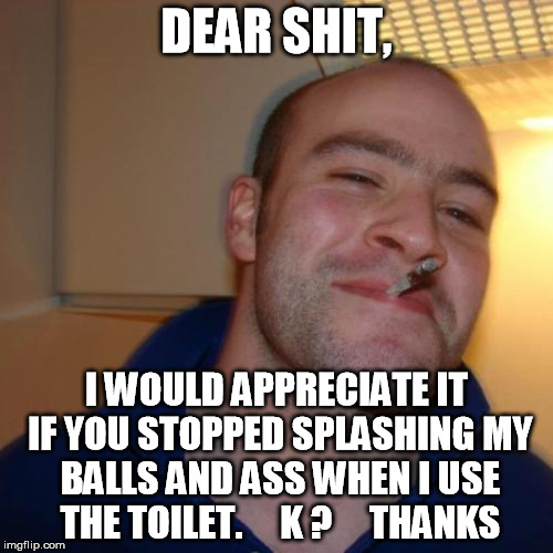 splish splash | DEAR SHIT, I WOULD APPRECIATE IT IF YOU STOPPED SPLASHING MY BALLS AND ASS WHEN I USE THE TOILET.     K ?     THANKS | image tagged in memes,good guy greg,shit,toilet,shitty,splash | made w/ Imgflip meme maker