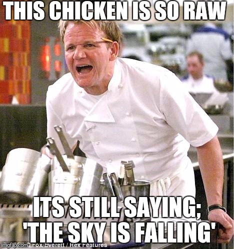 Chef Gordon Ramsay Meme | THIS CHICKEN IS SO RAW; ITS STILL SAYING; 'THE SKY IS FALLING' | image tagged in memes,chef gordon ramsay | made w/ Imgflip meme maker