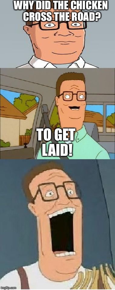 I wanna facepalm myself right now.... | WHY DID THE CHICKEN CROSS THE ROAD? TO GET LAID! | image tagged in bad pun hank hill | made w/ Imgflip meme maker