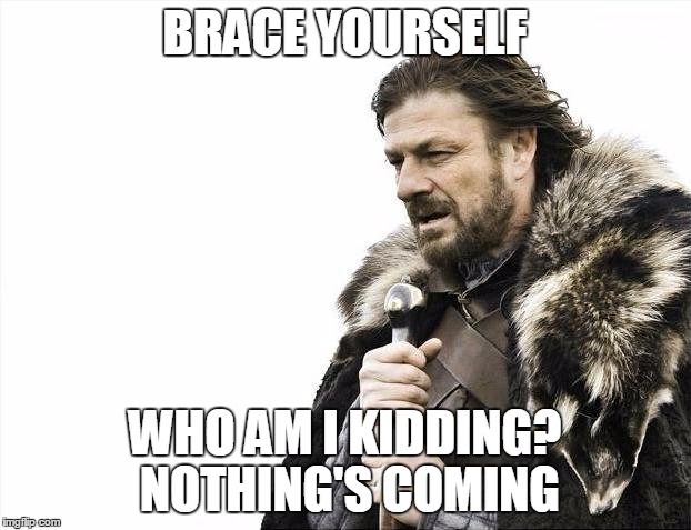 Brace Yourselves X is Coming | BRACE YOURSELF; WHO AM I KIDDING? NOTHING'S COMING | image tagged in memes,brace yourselves x is coming | made w/ Imgflip meme maker