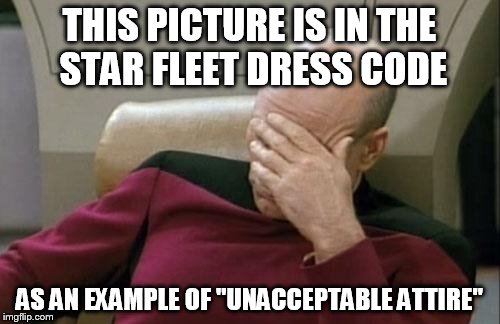 Captain Picard Facepalm Meme | THIS PICTURE IS IN THE STAR FLEET DRESS CODE AS AN EXAMPLE OF "UNACCEPTABLE ATTIRE" | image tagged in memes,captain picard facepalm | made w/ Imgflip meme maker