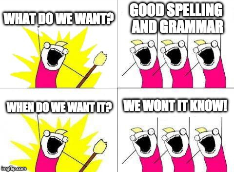 What Do We Want | WHAT DO WE WANT? GOOD SPELLING AND GRAMMAR; WE WONT IT KNOW! WHEN DO WE WANT IT? | image tagged in memes,what do we want | made w/ Imgflip meme maker