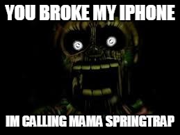 FNAF 3 | YOU BROKE MY IPHONE; IM CALLING MAMA SPRINGTRAP | image tagged in fnaf 3 | made w/ Imgflip meme maker