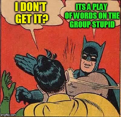 Batman Slapping Robin Meme | I DON'T GET IT? ITS A PLAY OF WORDS ON THE GROUP STUPID | image tagged in memes,batman slapping robin | made w/ Imgflip meme maker