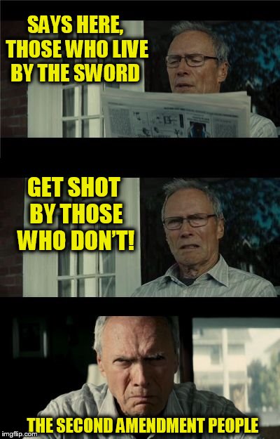 Your rights | SAYS HERE, THOSE WHO LIVE BY THE SWORD; GET SHOT BY THOSE WHO DON’T! THE SECOND AMENDMENT PEOPLE | image tagged in bad eastwood pun,second amendment,sword,guns,gun control,meme | made w/ Imgflip meme maker