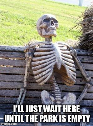 Waiting Skeleton Meme | I'LL JUST WAIT HERE UNTIL THE PARK IS EMPTY | image tagged in memes,waiting skeleton | made w/ Imgflip meme maker