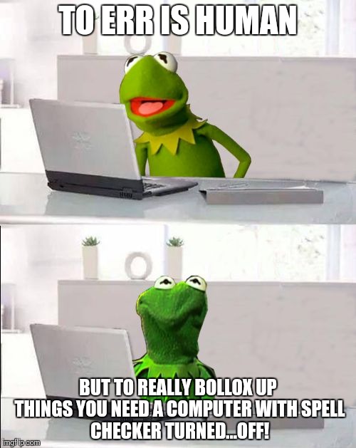 Hide The Pain Kermit | TO ERR IS HUMAN; BUT TO REALLY BOLLOX UP THINGS
YOU NEED A COMPUTER WITH
SPELL CHECKER TURNED...OFF! | image tagged in hide the pain kermit | made w/ Imgflip meme maker