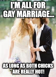 Gay marriage | I'M ALL FOR GAY MARRIAGE... AS LONG AS BOTH CHICKS ARE REALLY HOT! | image tagged in gay marriage,lesbains,hot chicks | made w/ Imgflip meme maker