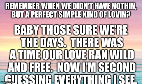 BABY THOSE SURE WE'RE THE DAYS. 
THERE WAS A TIME OUR LOVE RAN WILD AND FREE. 
NOW I'M SECOND GUESSING EVERYTHING I SEE. REMEMBER WHEN WE DIDN'T HAVE NOTHIN, BUT A PERFECT SIMPLE KIND OF LOVIN? | image tagged in love | made w/ Imgflip meme maker