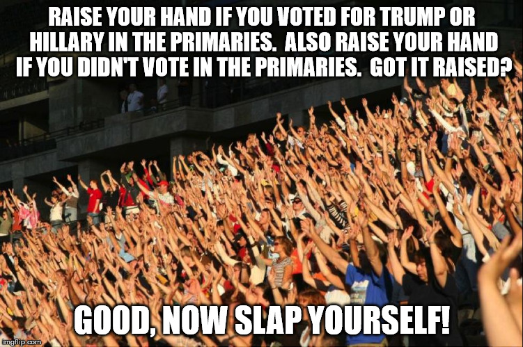 That's going to leave a mark! | RAISE YOUR HAND IF YOU VOTED FOR TRUMP OR HILLARY IN THE PRIMARIES.  ALSO RAISE YOUR HAND IF YOU DIDN'T VOTE IN THE PRIMARIES.  GOT IT RAISED? GOOD, NOW SLAP YOURSELF! | image tagged in raise your hands crowd,hillary clinton,donald trump,election 2016,trump 2016,hillary clinton 2016 | made w/ Imgflip meme maker