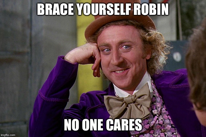 No one cares Robin | BRACE YOURSELF ROBIN; NO ONE CARES | image tagged in willy wonka | made w/ Imgflip meme maker