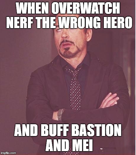 Face You Make Robert Downey Jr Meme | WHEN OVERWATCH NERF THE WRONG HERO; AND BUFF BASTION AND MEI | image tagged in memes,face you make robert downey jr | made w/ Imgflip meme maker