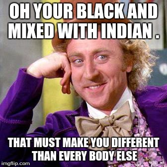 Willy Wonka Blank | OH YOUR BLACK AND MIXED WITH INDIAN . THAT MUST MAKE YOU DIFFERENT THAN EVERY BODY ELSE | image tagged in willy wonka blank | made w/ Imgflip meme maker