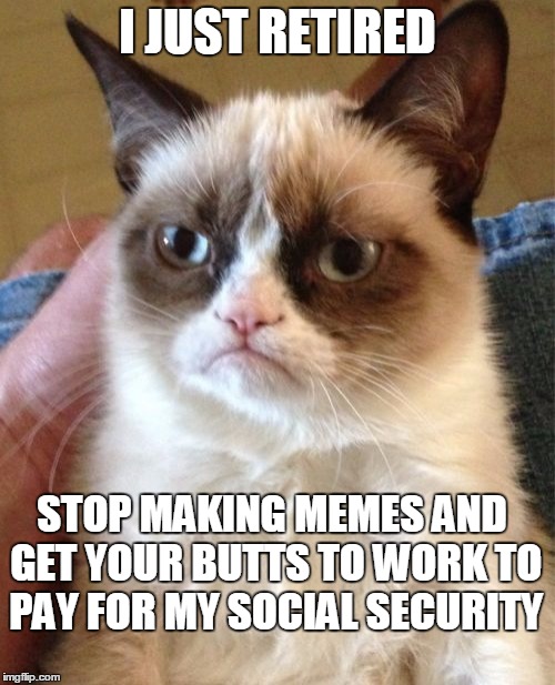 WHY YOU SHOULD STOP MAKING MEMES | I JUST RETIRED; STOP MAKING MEMES AND GET YOUR BUTTS TO WORK TO PAY FOR MY SOCIAL SECURITY | image tagged in memes,grumpy cat,retirement,old people | made w/ Imgflip meme maker
