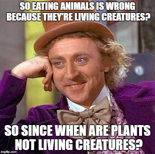 i really don't care if you're vegetarian or not but if you bring up this as an argument... | SO EATING ANIMALS IS WRONG BECAUSE THEY'RE LIVING CREATURES? SO SINCE WHEN ARE PLANTS NOT LIVING CREATURES? | image tagged in memes,creepy condescending wonka | made w/ Imgflip meme maker