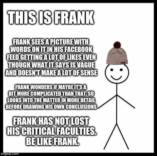 Be Like Bill Meme | THIS IS FRANK; FRANK SEES A PICTURE WITH WORDS ON IT IN HIS FACEBOOK FEED GETTING A LOT OF LIKES EVEN THOUGH WHAT IT SAYS IS VAGUE AND DOESN'T MAKE A LOT OF SENSE; FRANK WONDERS IF MAYBE IT'S A BIT MORE COMPLICATED THAN THAT, SO LOOKS INTO THE MATTER IN MORE DETAIL BEFORE DRAWING HIS OWN CONCLUSIONS; FRANK HAS NOT LOST HIS CRITICAL FACULTIES.  BE LIKE FRANK. | image tagged in memes,be like bill | made w/ Imgflip meme maker