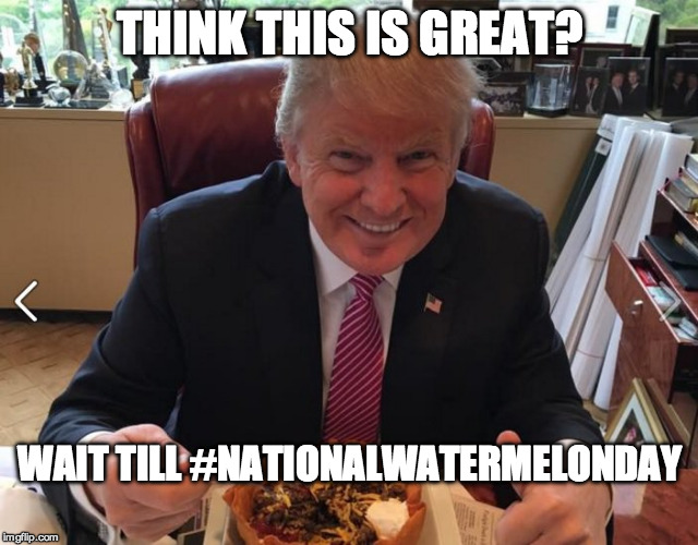 Trump taco bowl |  THINK THIS IS GREAT? WAIT TILL #NATIONALWATERMELONDAY | image tagged in trump taco bowl | made w/ Imgflip meme maker