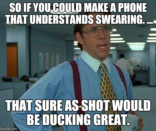 I wish those ads holes would do this  | SO IF YOU COULD MAKE A PHONE THAT UNDERSTANDS SWEARING. ... THAT SURE AS SHOT WOULD BE DUCKING GREAT. | image tagged in memes,that would be great | made w/ Imgflip meme maker