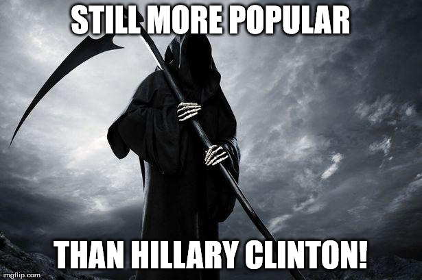 WOW...SHE'S REALLY UNPOPULAR! | STILL MORE POPULAR; THAN HILLARY CLINTON! | image tagged in grim reaper,hillary clinton 2016,neverhillary,hillary clinton,hillary | made w/ Imgflip meme maker